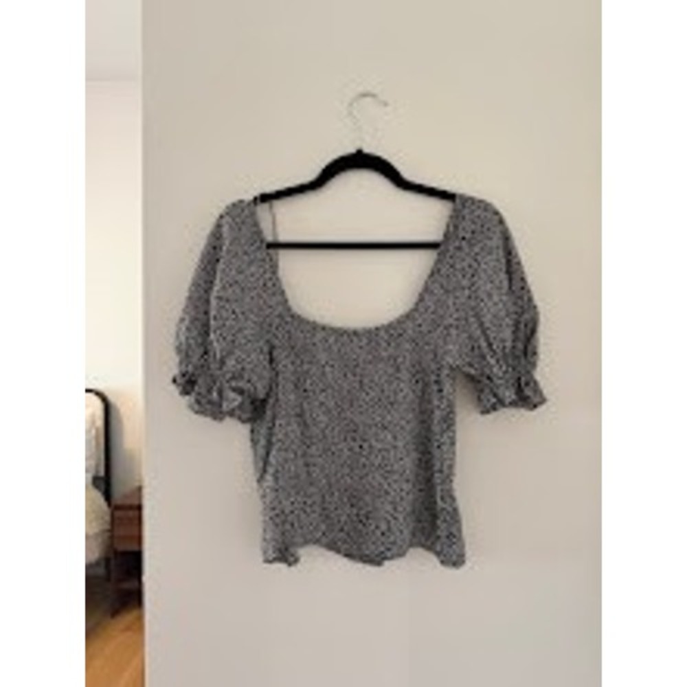 Black White Micro Floral Puff Sleeve Scoop Neck Blouse Top Cottagecore